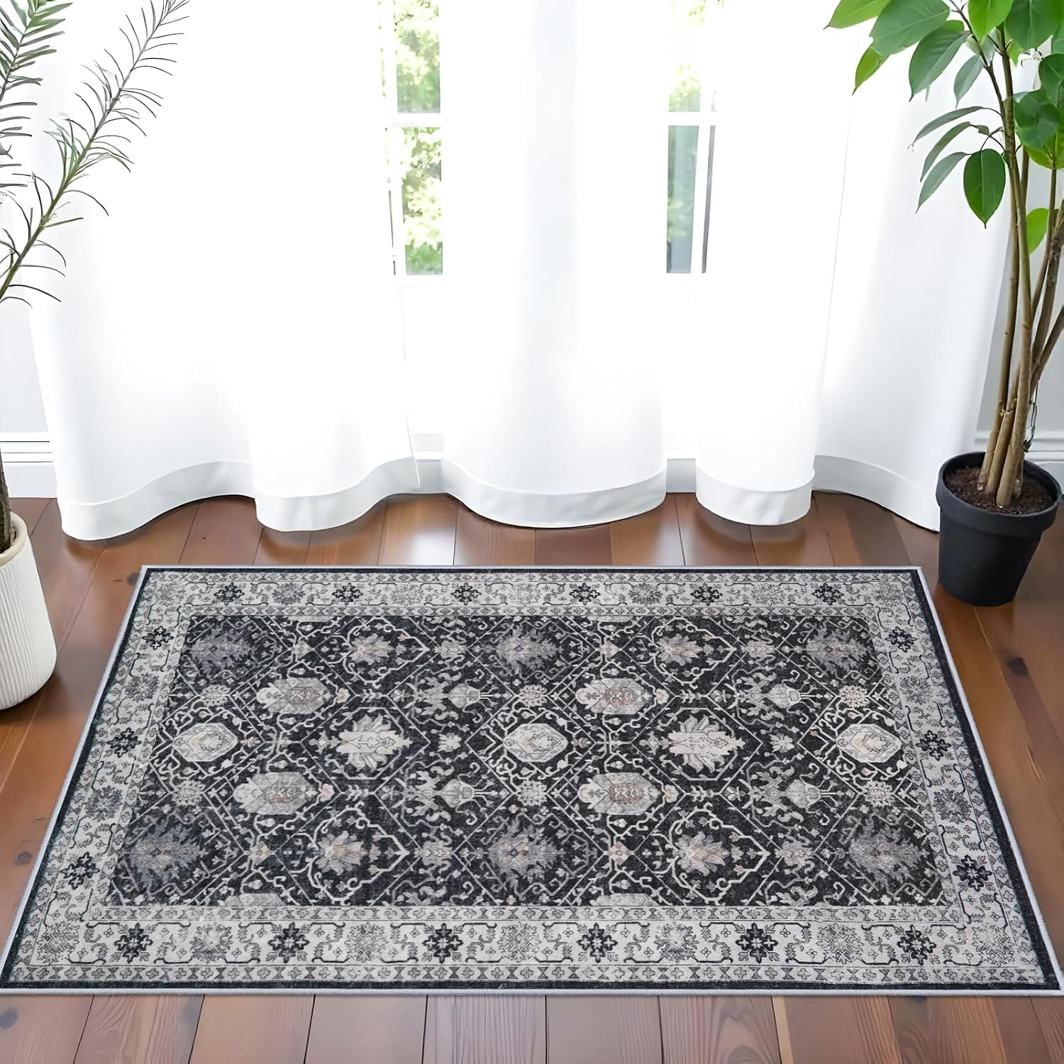 Skiennix Vintage Washable Area Rug - Soft Non-Slip Door Mat | Water-Resistant Low Pile (2x3, Black)