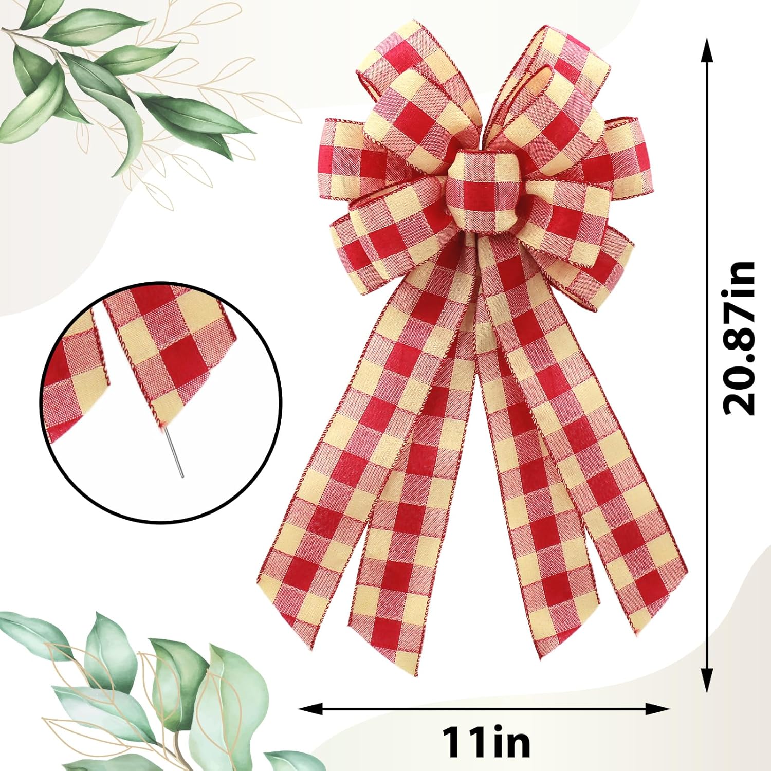 Regine Switzerland Large Red Linen Buffalo Plaid Wreath Bow - Rustic Farmhouse Decor for Weddings & Holidays