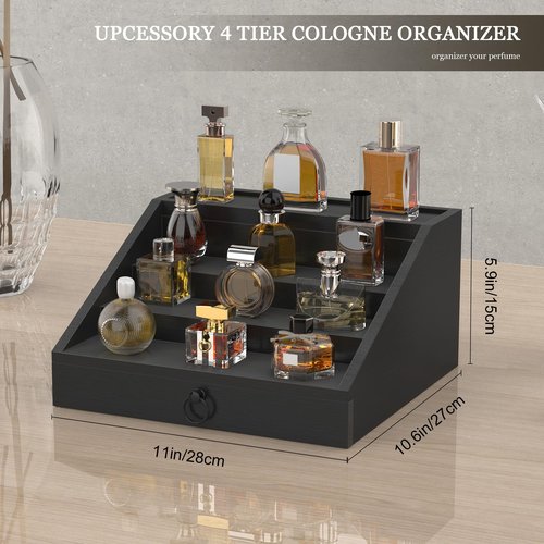 upcessory Wooden Cologne Organizer for Men Enhanced 4 Tier Cologne Stand Shelf Perfume Organizer with Velvet Lined Drawer & Hidden Storage Perfume Display Holder for Dresser Nice Gift (Classy Black)