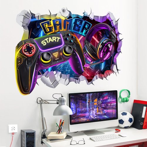 Decalmile Large 3D Game Wall Decals - Gamer Controller & Joystick Stickers for Teen Bedrooms | Playroom Decor