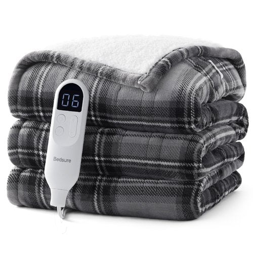 Bedsure Plaid Electric Blanket Twin - Flannel Sherpa Heated Blanket with Plaid Pattern, Heating with 6 Heating Levels, 10 Time Settings, 8-Hour Auto-Off, Warm Gifts for Grandma (Grey, 62"x84")