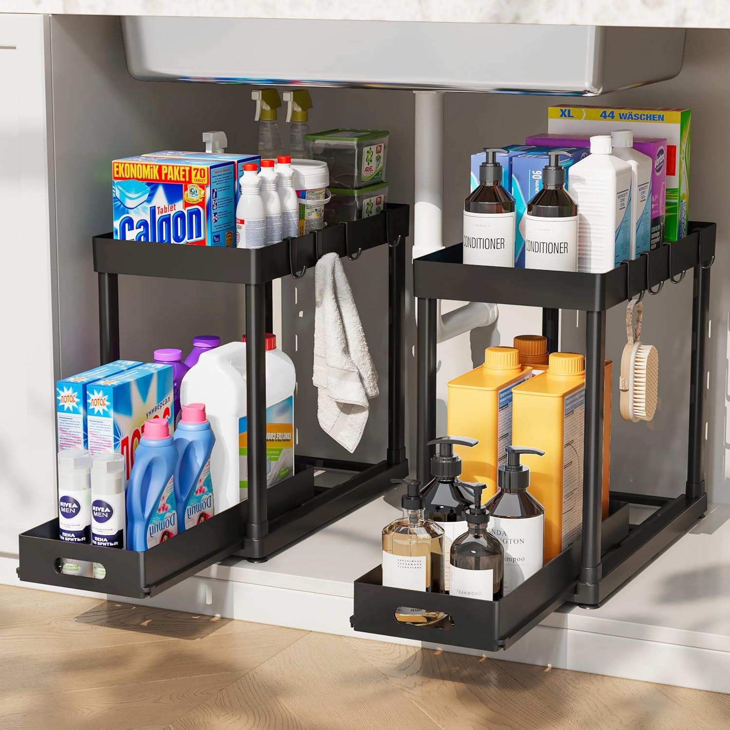 Skiennix Pull-Out Storage Organizers - Multi-Purpose Under Sink Solution for Bathroom & Kitchen | Black, 2 Pack