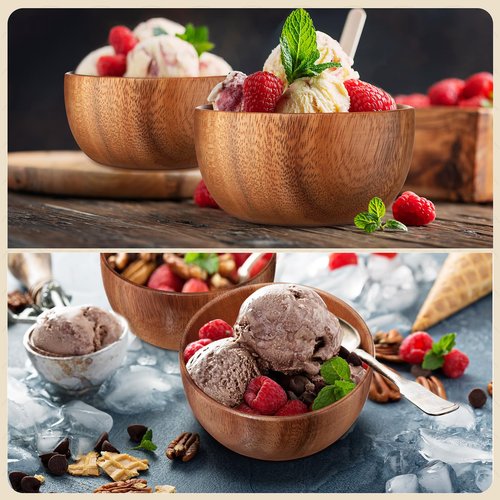 Skylety 12 Pcs 5in Acacia Wooden Bowls Small Calabash Bowls Round Wood Salad Hand Carved Calabash Dip Tray for Serving Popcorn Pasta Candy Cereal Coconut Nuts Sauce Appetizers Kitchen