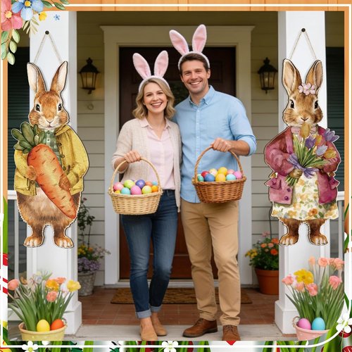 Anglechic Large Easter Bunny Door Sign - 12.1 x 29.3 Inch Wooden Decor with Floral Carrot | Farmhouse Style for Front Door