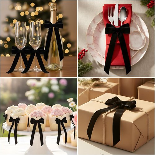 Hoteam Velvet Bow Ornaments - 24 Pcs Christmas Tree Decorations | 3 x 8 Inch Black Twist Ties