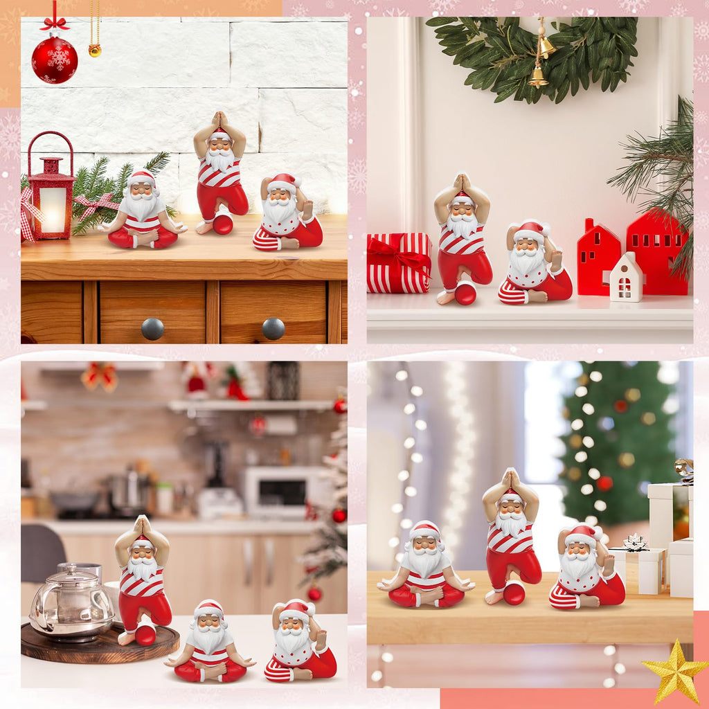 DoubleFill 3 Pcs Christmas Yoga Santa Figurines Table Decorations Wooden Yogi Santas in Yoga Poses Figurine Xmas Table Decoration for Christmas Party Home Office Desk Mantle Party Supplies