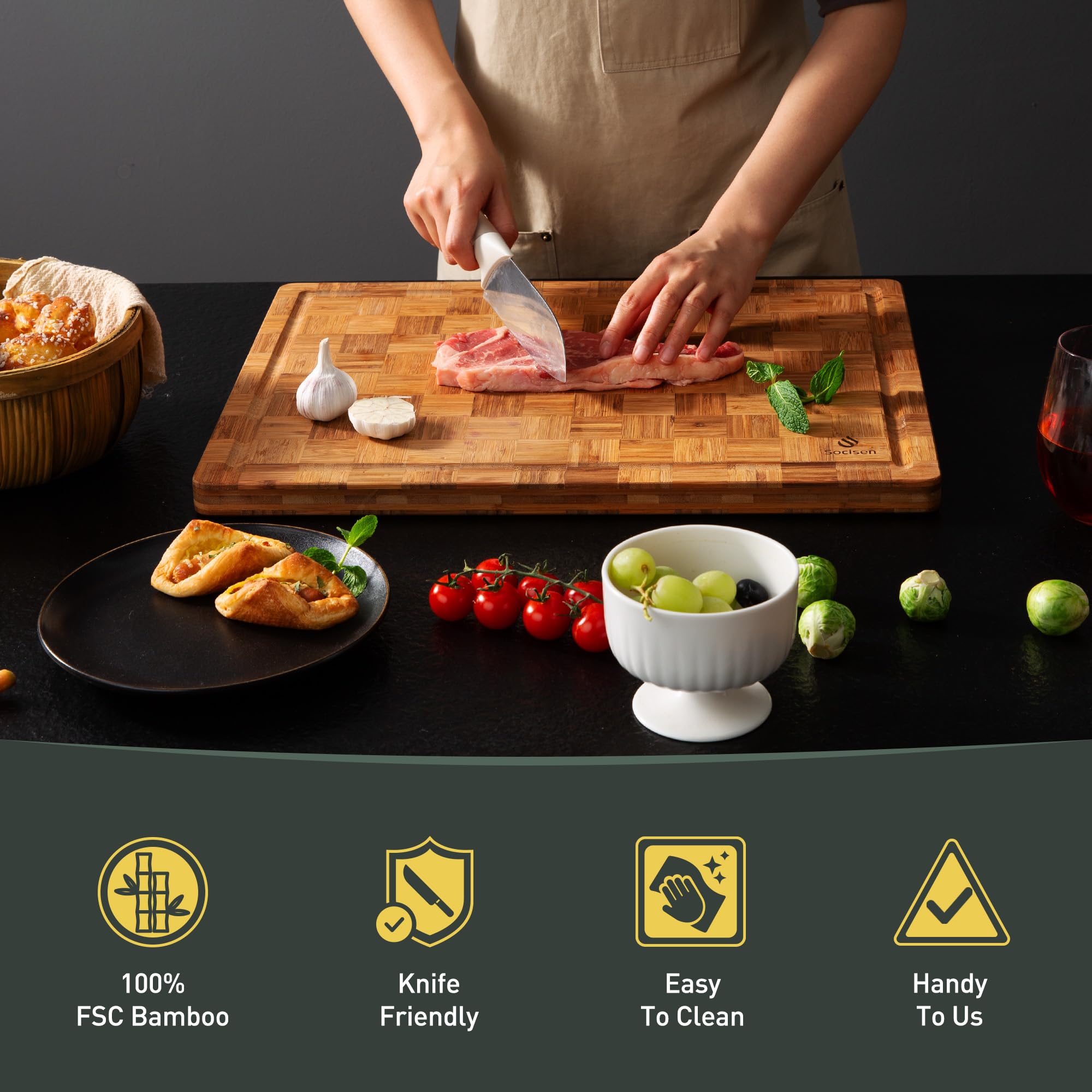 Bamboo Cutting Board Non Slip Heavy Duty Over Sink Wooden Wood Cutting Board for Kitchen Chopping Board Edge Grain Teak Smart Marble Flexible Round Stone Metal