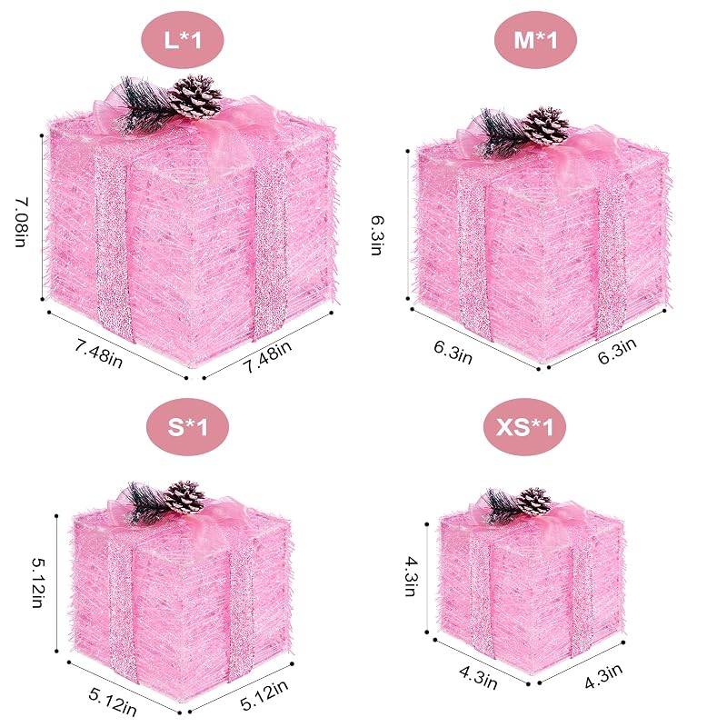 Pink Lighted Gift Box Set - 4 Pcs Christmas Decoration with 75 Warm White LEDs (Variation: Pink)