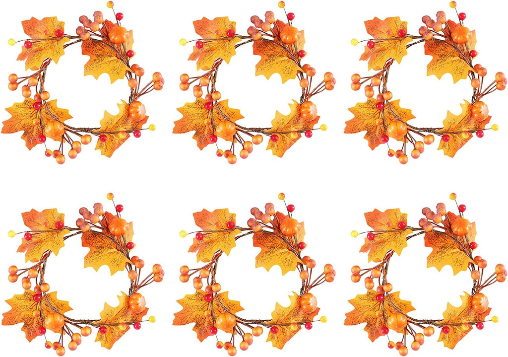 Regine Switzerland 6Pcs Fall Candle Ring Wreaths - 4.7 Inch Pumpkin Maple Leaf & Berries Decor | Perfect for Weddings & Halloween