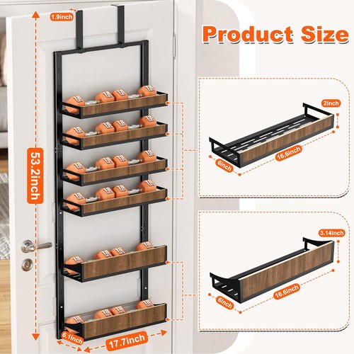 Aquzee Pantry Door Organizer, 6-Tier Over the Door Pantry Organizer, 2 IN 1 Hanging Wall Mount Spice Rack, Adjustable Baskets, Heavy Duty Spice Organization for Cabinet Kitchen Closet