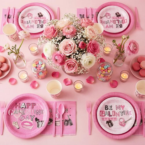 FoldTier 12 Set Galentine's Day Party Supplies Pink Happy Galentines Day Tableware Set Paper Plates and Cups Napkins Plastic Forks Spoons Knives for Valentine's Party Decorations