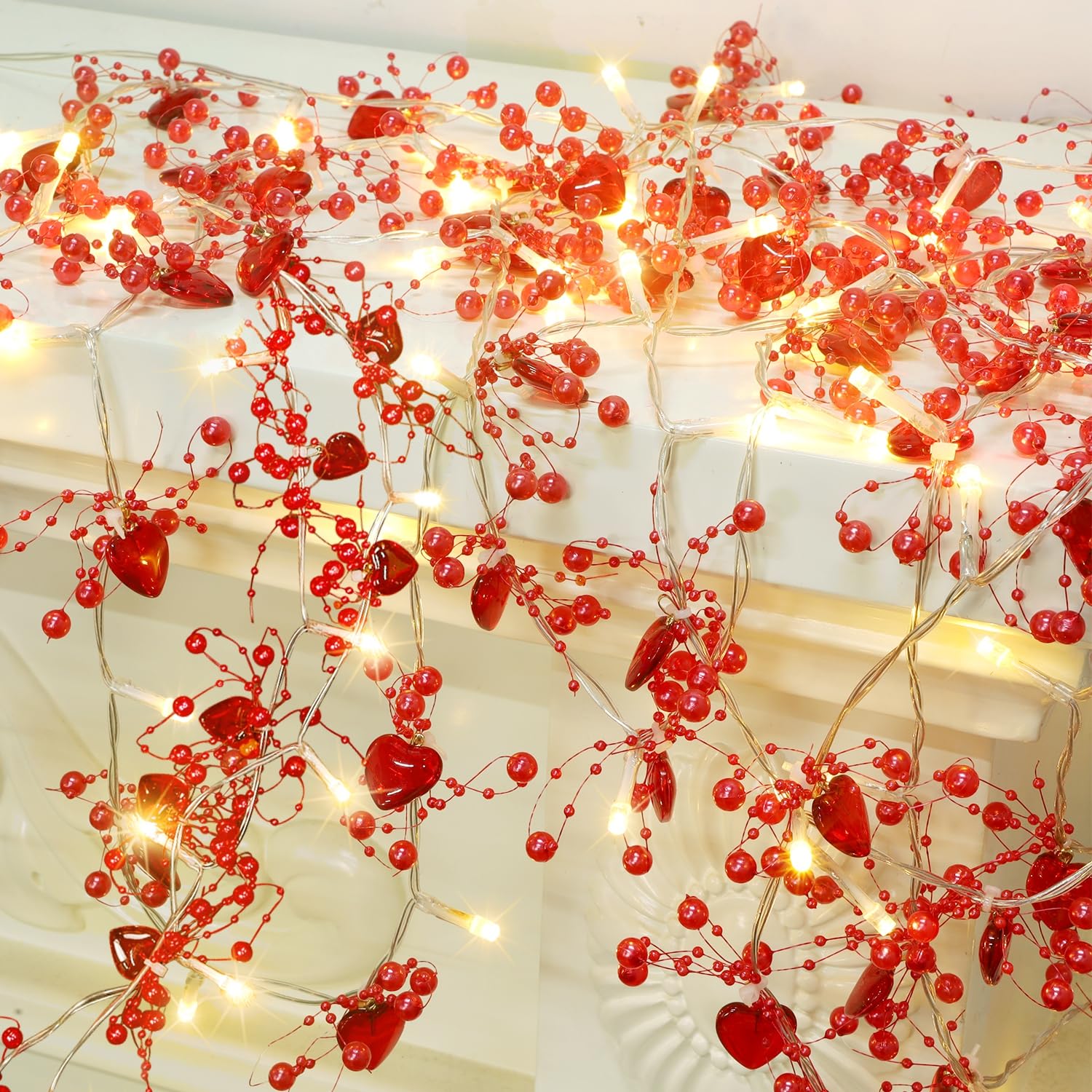 Ridota Valentine Decorations 10 FT Fairy String Lights, 30 LEDs Red Berry Beaded Heart Shaped String Lights, Battery Operated Valentine Lights for Mother's and Father's Day, Wedding, Proposal (2)
