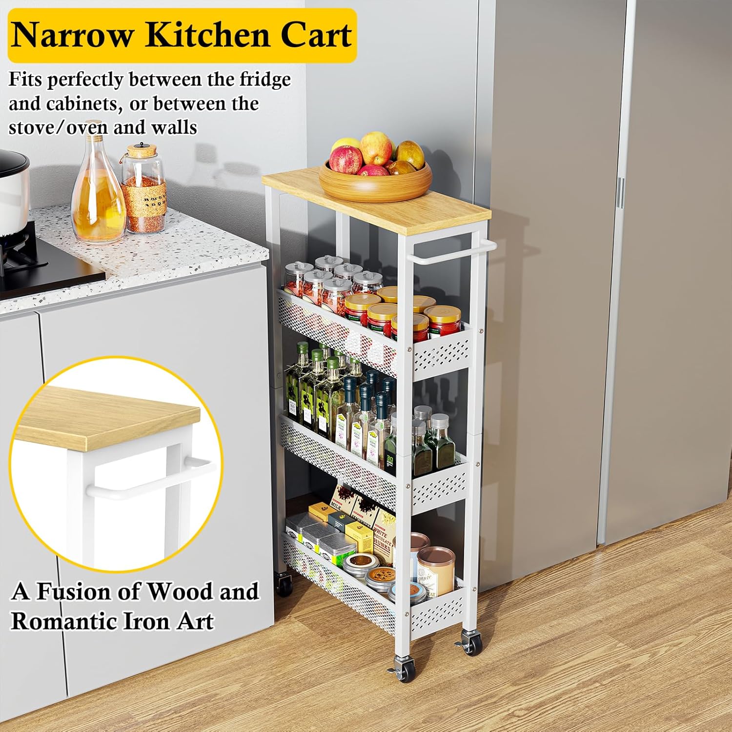 OKZEST Slim Rolling Storage Cart - 4 Tier Mobile Organizer with Wood Top for Kitchen & Bathroom
