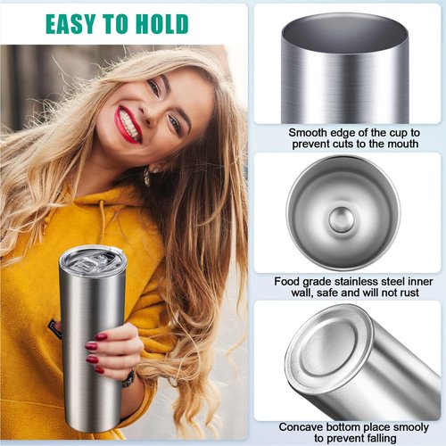 Potchen 16 Pack 20 oz Stainless Steel Skinny Tumbler Water Tumbler Cup Insulated Stainless Steel Cups with Lid Double Layer Travel Coffee Mug Reusable for Hot Cold Drink Home Office Car Use(Silver)
