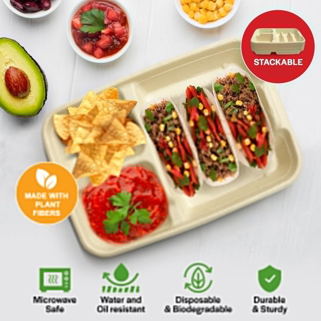 3-Tacos & 2-Sides Taco Plates, Disposable Paper Plates with Dividers – 50 PACK | Taco Tray for Party, Fiesta Taco Holder, Taco Stand for Taco Tuesday & Taco Bar, Microwave-Safe Taco Plates (50 Plates)