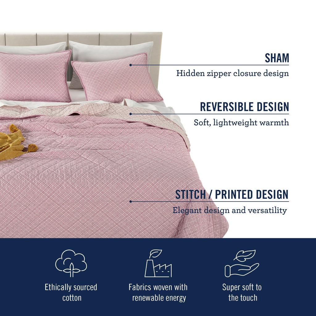Izod 100% Cotton Percale Pre-Washed Quilt Set, Ultra-Soft & Reversible Bedding, Twin Cotton Comforter, Wrinkle-Resistant 2-Pc Cotton Bedspread with Matching Shams, All-Season Comfort - Pink Mosaic
