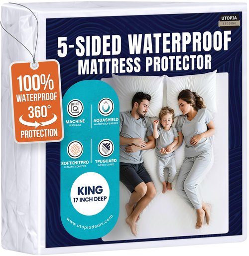 Utopia Bedding Waterproof 5-Sided Mattress Protector King Size, Premium Breathable Mattress Cover, Fitted Style with Stretchable Pockets (White)