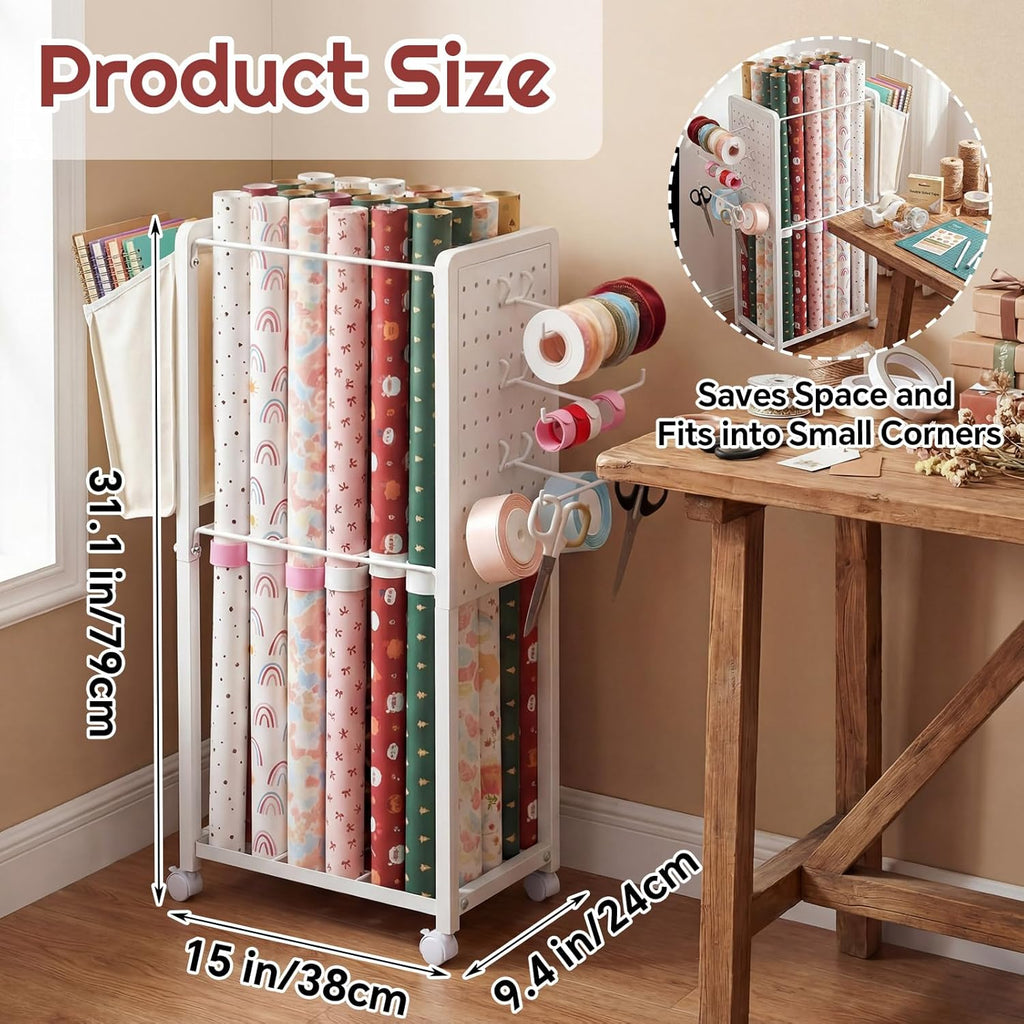 Skiennix Wrapping Paper Storage Organizer - Rolling Cart with Lockable Wheels & 15 Slap Bands | Fabric Drawer & Ribbon Holder