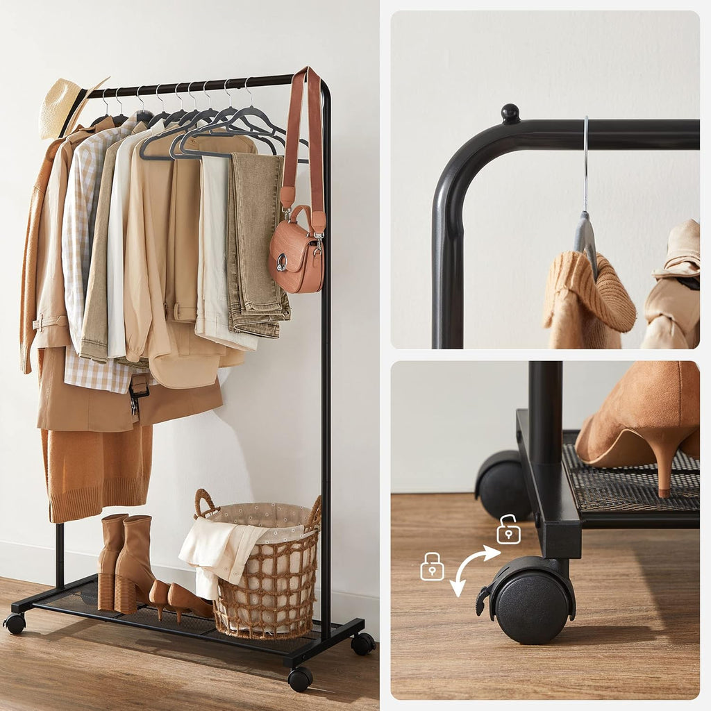 SONGMICS Clothes Rack - Metal Garment Rack with Wheels & Dense Mesh Shelf | 110 lb Capacity, Black