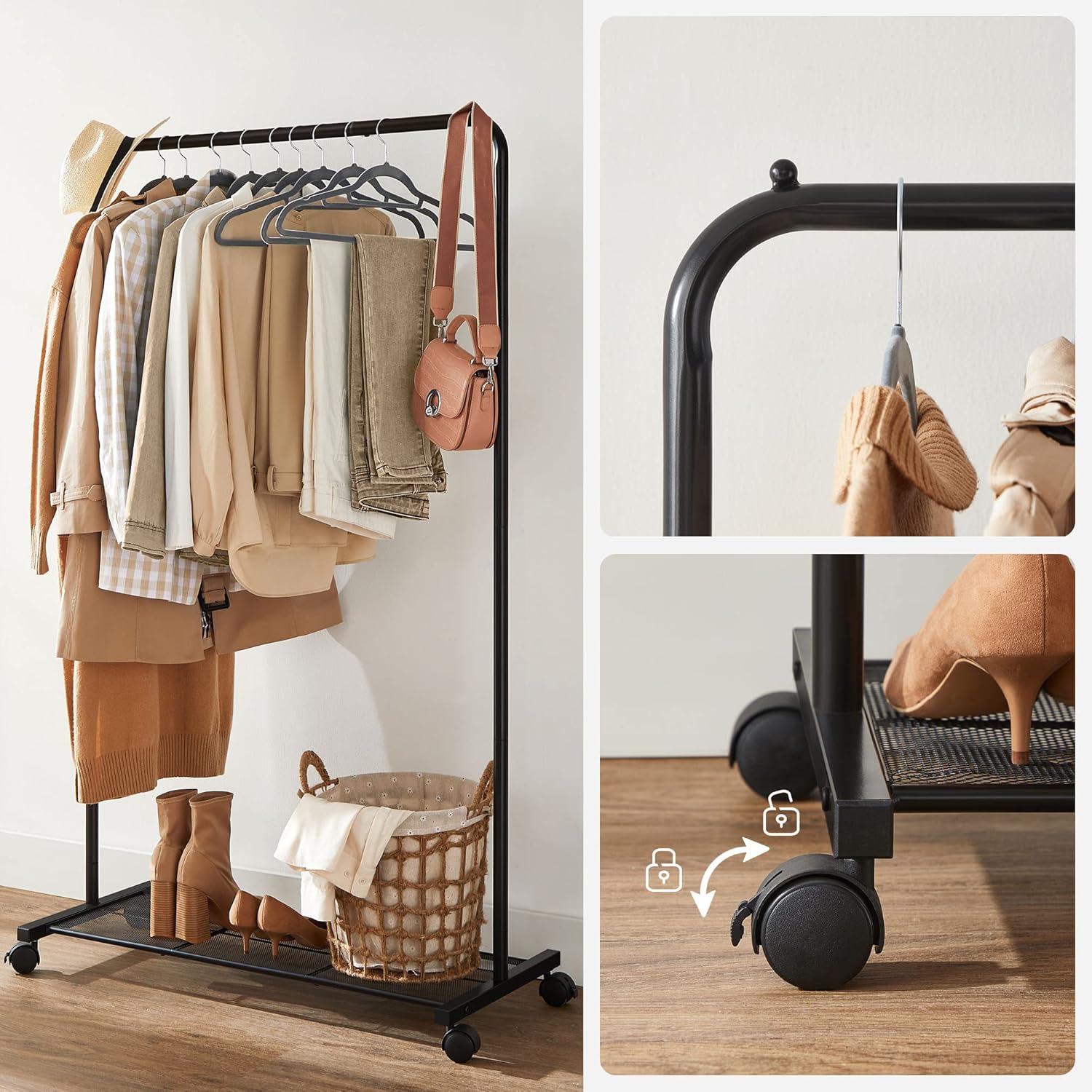 SONGMICS Clothes Rack - Metal Garment Rack with Wheels & Dense Mesh Shelf | 110 lb Capacity, Black