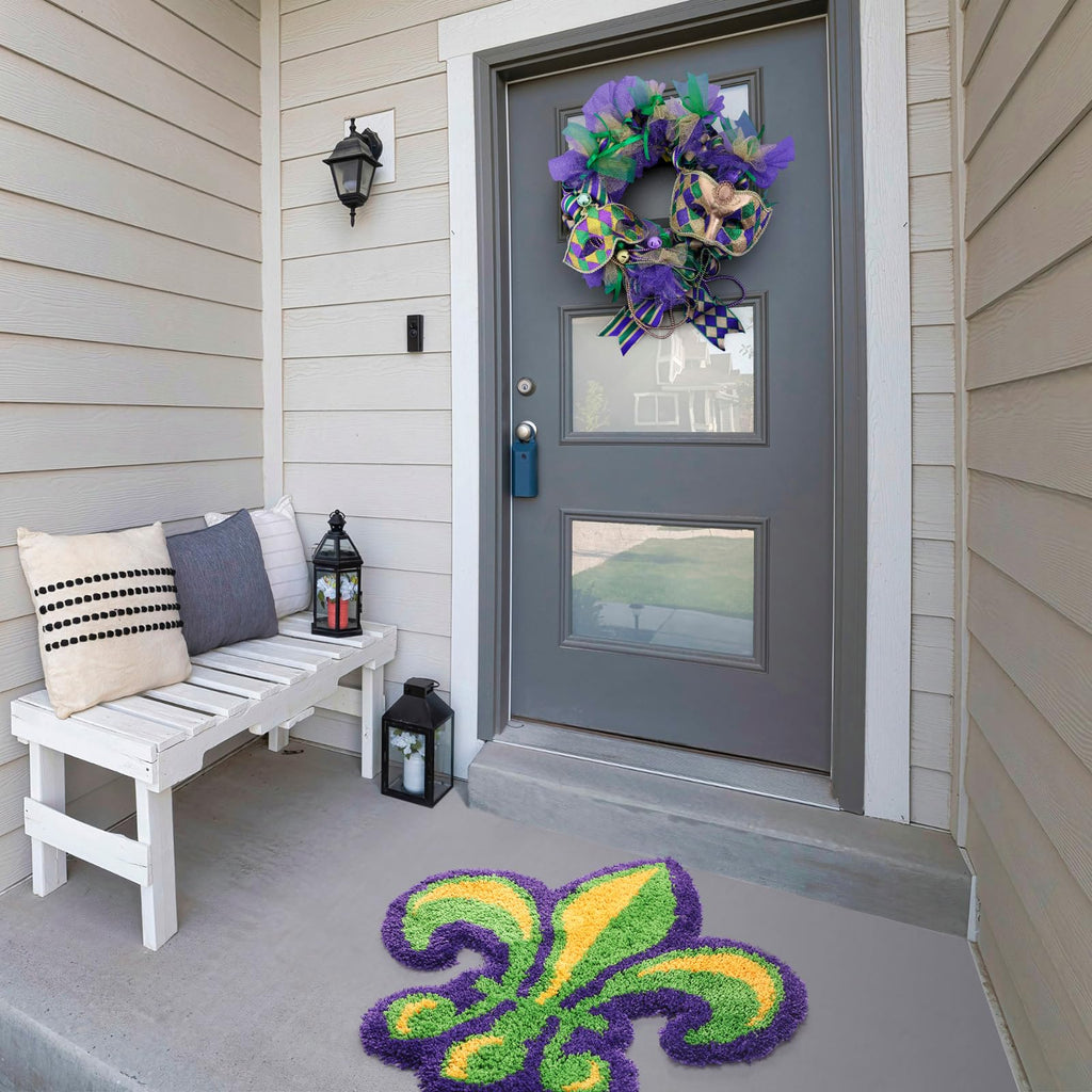 Dunzy Mardi Gras Bathroom Rug Fleur De Lis Indoor Welcome Mat Non Slip Bath Mat Water Absorbent Microfiber Plush Washable Carpet Home Decor, 27.6 x 27.6 Inches