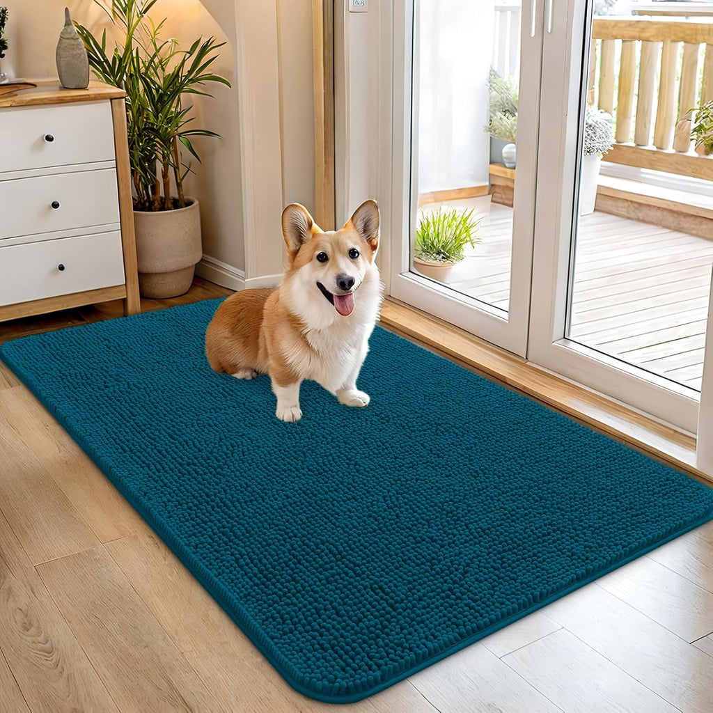 OLANLY Dog Door Mat - Absorbent Non-Slip Chenille for Muddy Paws | 45x27, Quick Dry, Atlantic Blue