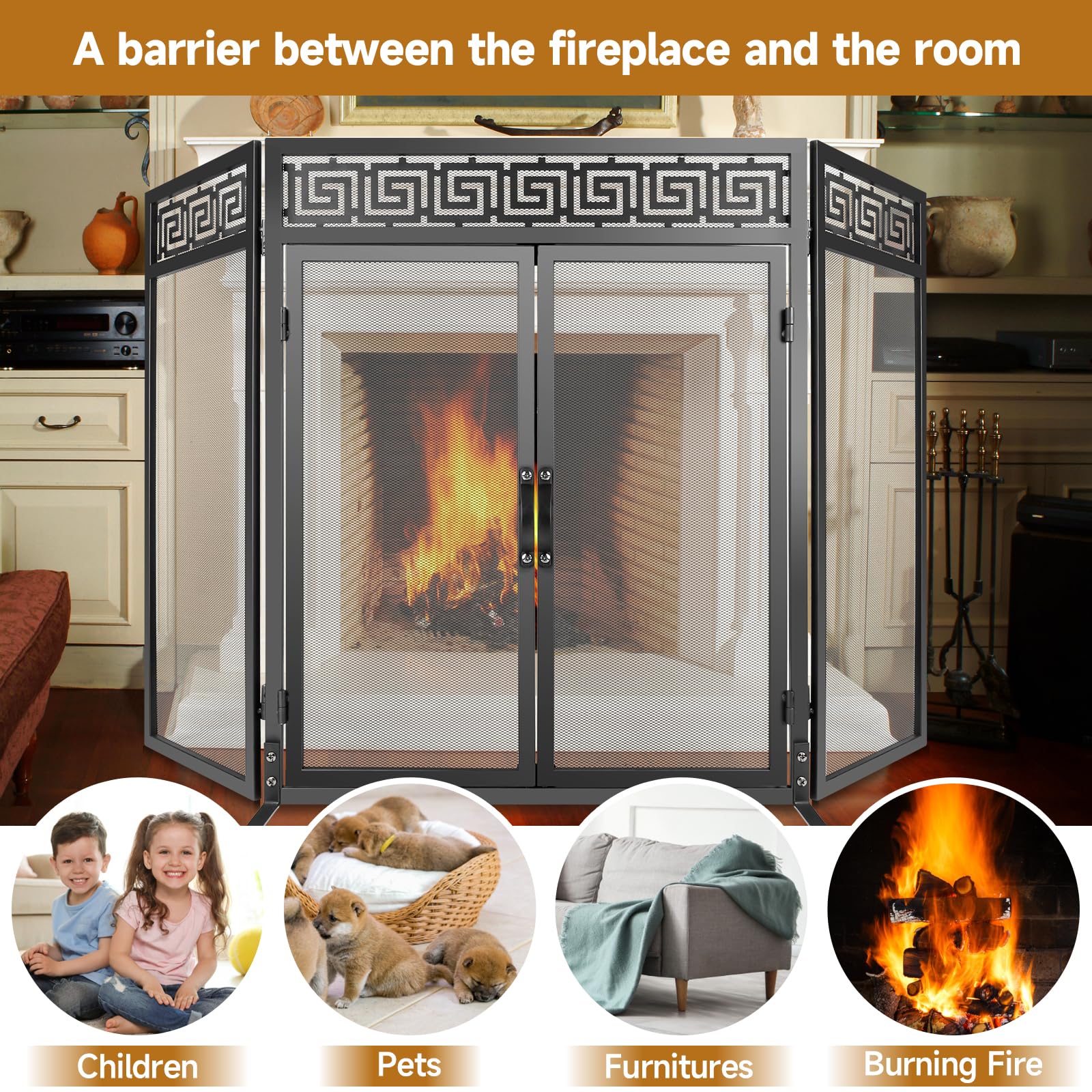 Nouetele Fireplace Screen with Doors, 3 Panel Fire Place Screens Stand Alone, Extra Large Heavy Duty Wrought Iron Spark Guard, Outdoor Metal Mesh Gate for Child Safety, Black 50" W x 32" H