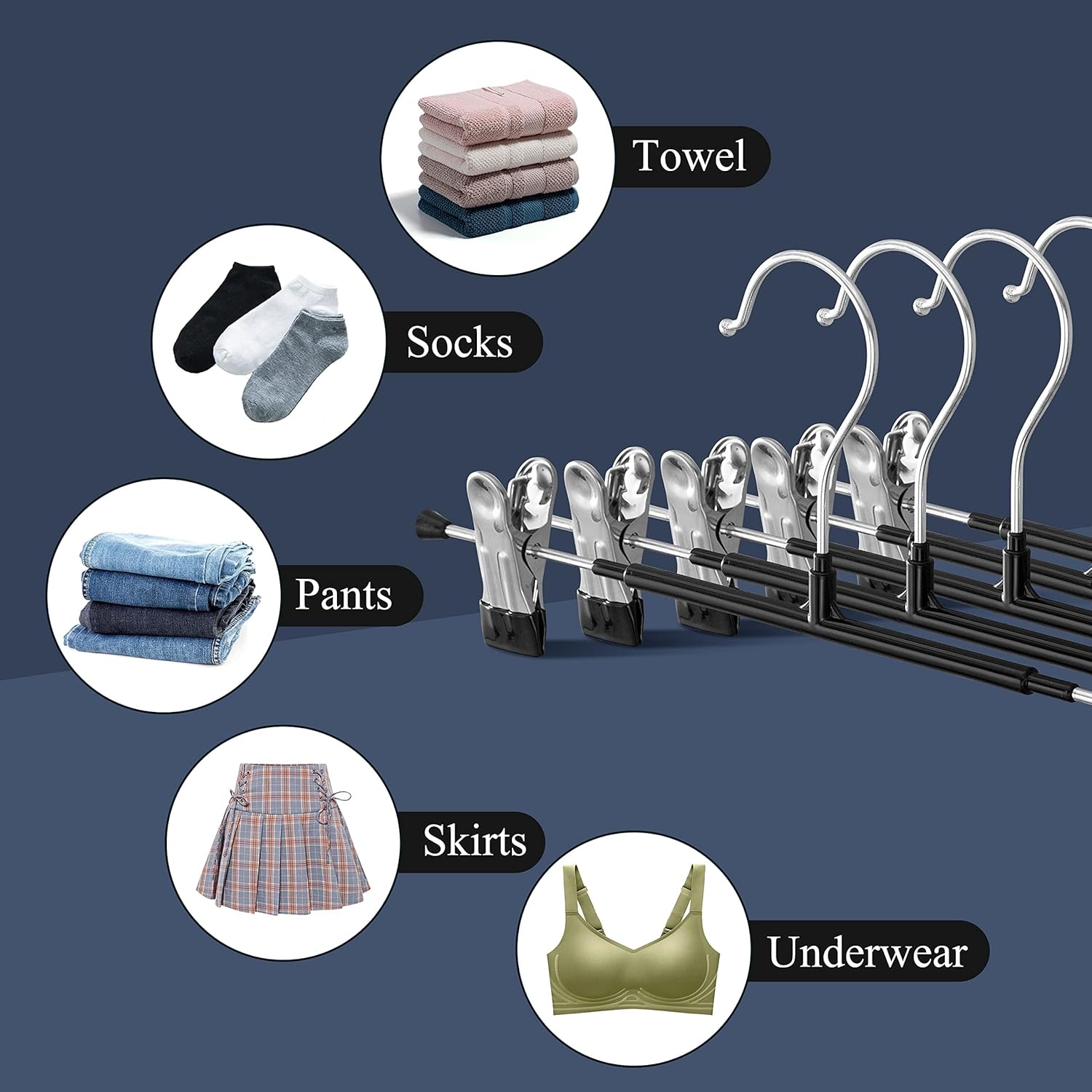 Skiennix 30-Pack Adjustable Pants Hangers - Heavy Duty Non-Slip Clips for Skirts & Trousers | Black