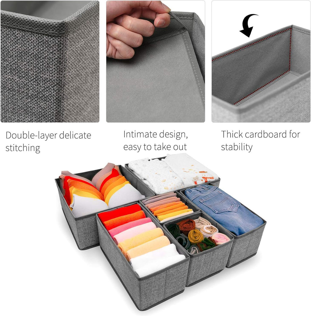 Criusia Foldable Underwear Drawer Organizer - Closet Dividers for Clothes & Socks | 6 Gray Bins