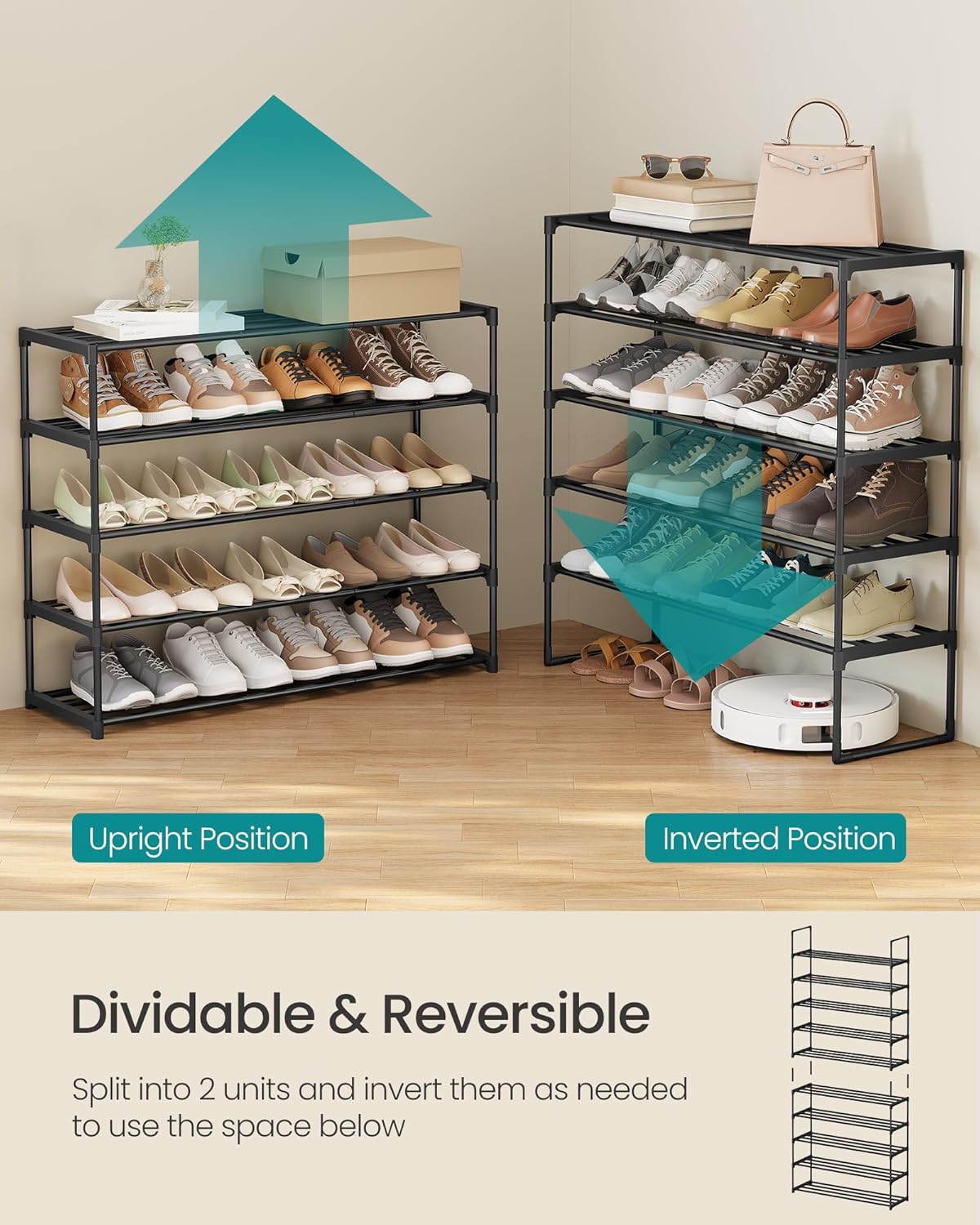 SONGMICS 10-Tier Shoe Rack - Versatile Metal Organizer for 44-55 Pairs | Black, 11.8 x 36.2 x 68.1 Inches