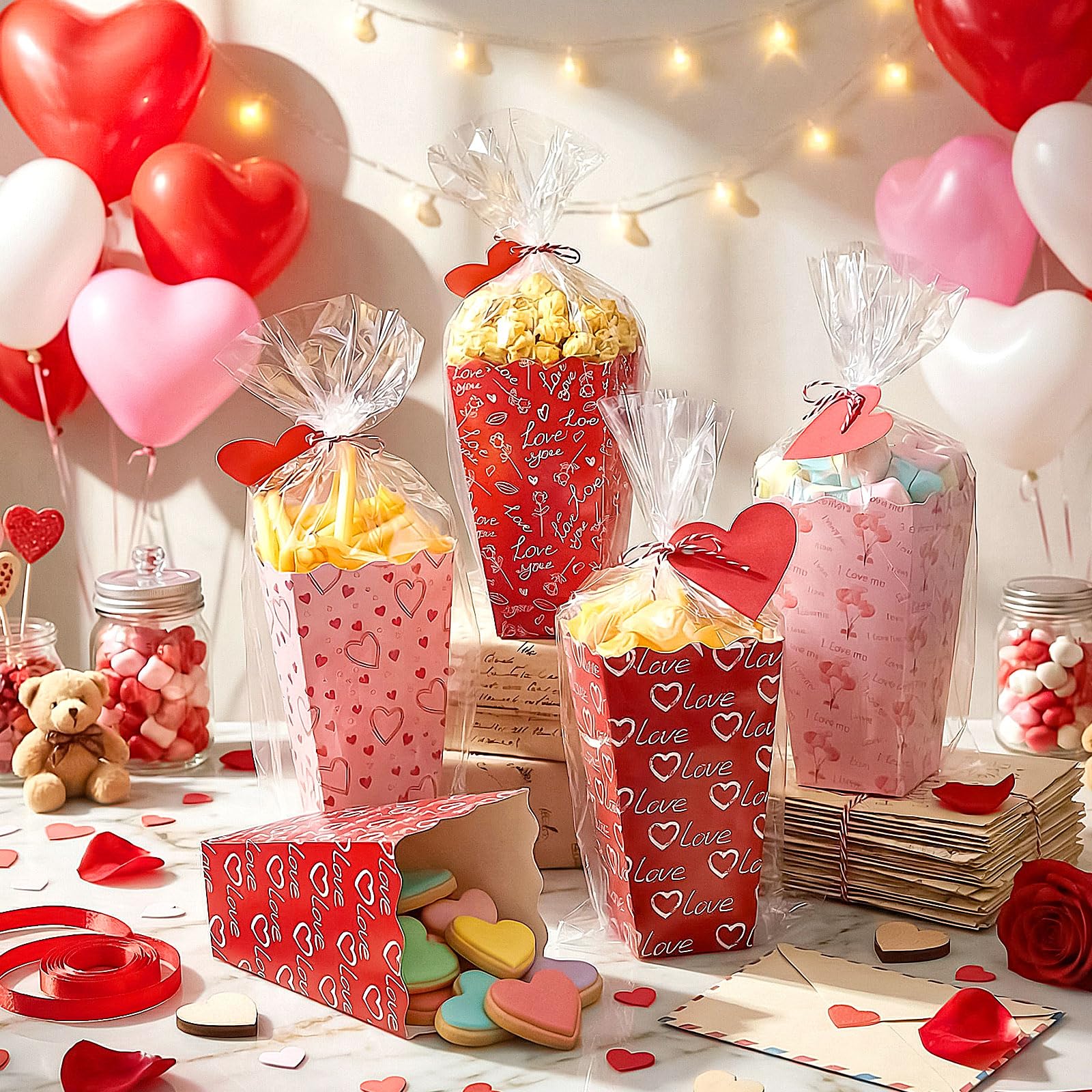Gueevin 144 Pcs 48 Set Valentine's Day Popcorn Boxes Valentines Party Favor, Valentines Popcorn Boxes Red Pink Heart Cookie Gift Bucket with Bags, Ribbon and Card for Valentine Galentine Home Movie