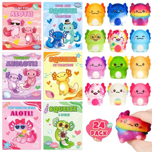 24 Packs Valentines Day Cards for Kids School with Axolotl Slow Rising PU Squishy Toys, Valentines Day Gifts for Kids, Kawaii Squeeze Toys for Boys Girls, Ideal Valentine Party Favor, Classroom Prizes