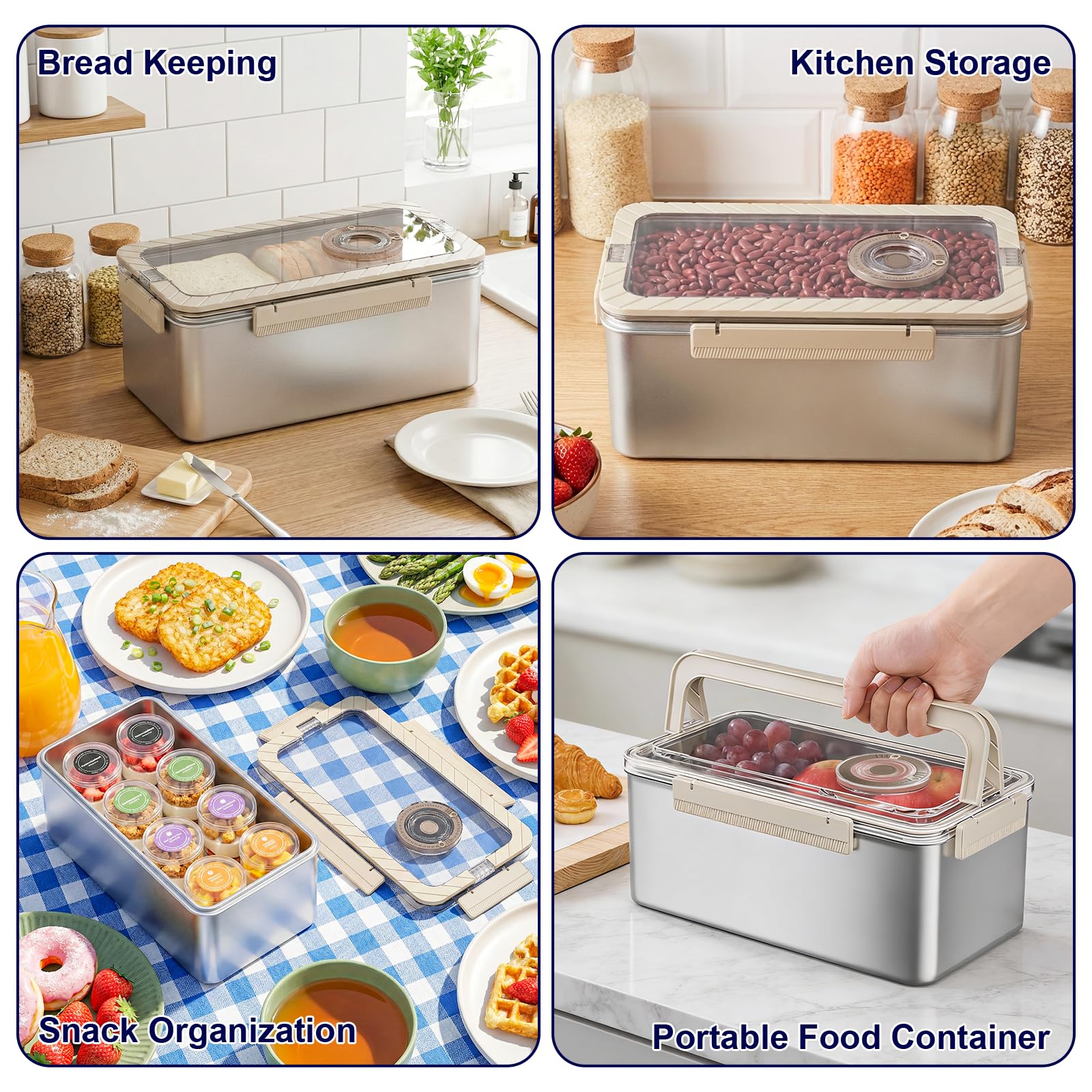 QCQHDU Bread Containers, Time Recording Stainless Steel Corner Fresh Bread Box Airtight Keeper Food Storage Container for Kitchen Countertop Homemade Breadbox BPA Free, 5800ML Large Capacity 2 Pack