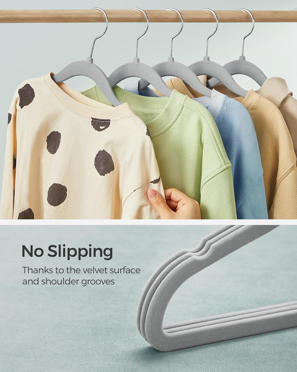 SONGMICS Velvet Baby Kids Hangers - Space-Saving 50 Pack with 360° Swivel Hooks | Dove Gray, 11.8 x 8.1 Inches
