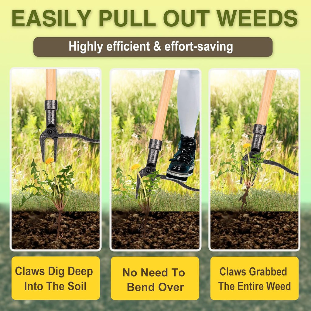 Skiennix Stand-Up Weed Puller Tool - 4-Claw Steel Head with Wooden Handle | Effortless Weeding Without Bending