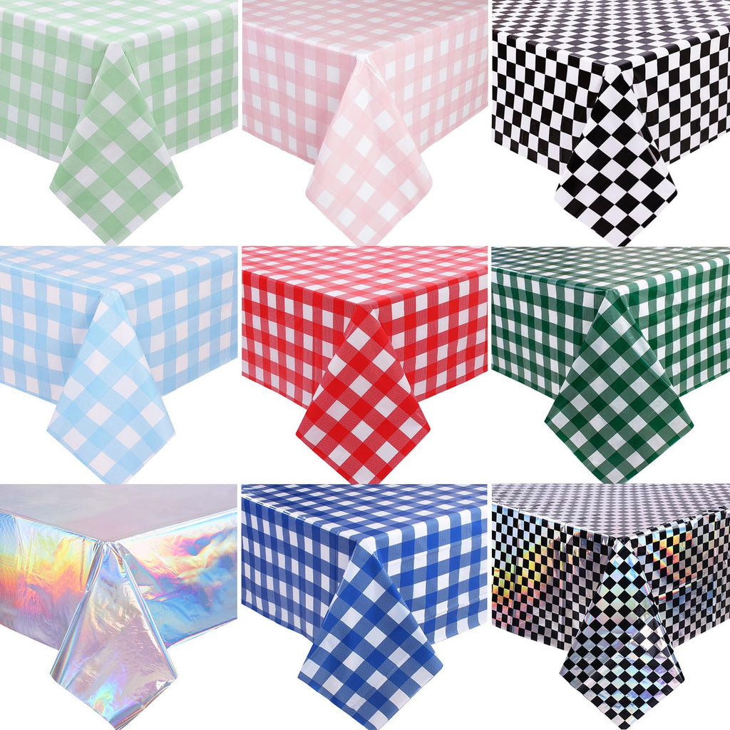 SAJOO 3 Packs Black Checkered Iridescent Tablecloth 54 x 108 Inch Holographic Foil Table Cloth Shiny Disposable Laser Rectangle Plastic Table Cover for Picnic Camping