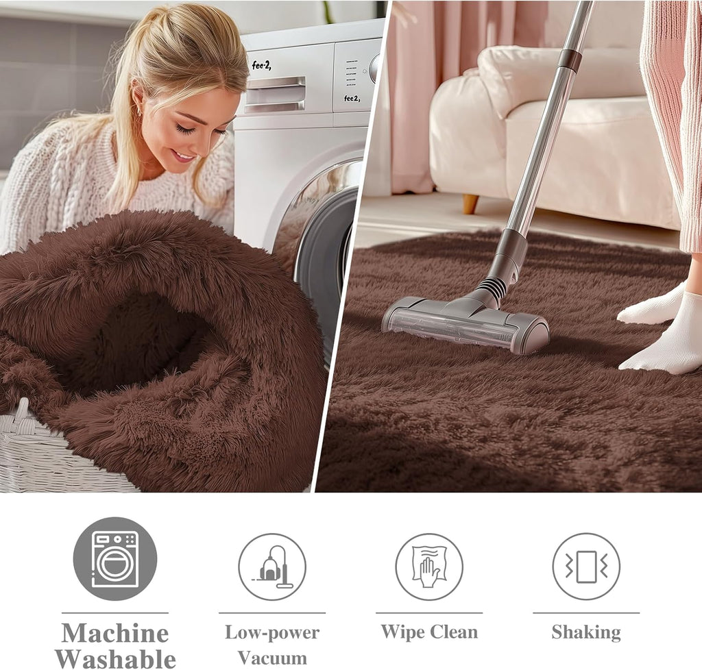 OLANLY Coffee Round Area Rug - Soft, Fluffy, Machine Washable 8 ft Circle Carpet for Bedroom & Living Room