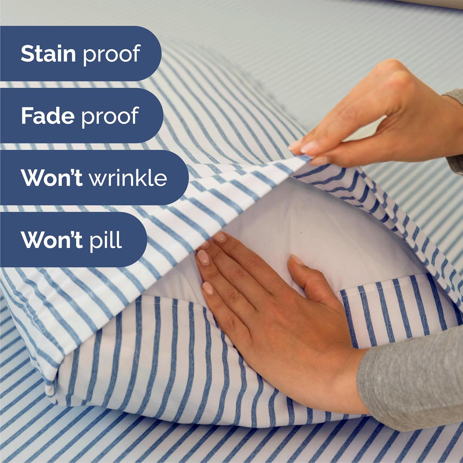 Skiennix Queen Size Sheet Set - Comfy Cooling Bed Sheets | Luxury Hotel Quality - Deep Pockets, Soft, Wrinkle-Free - Blue Stripes