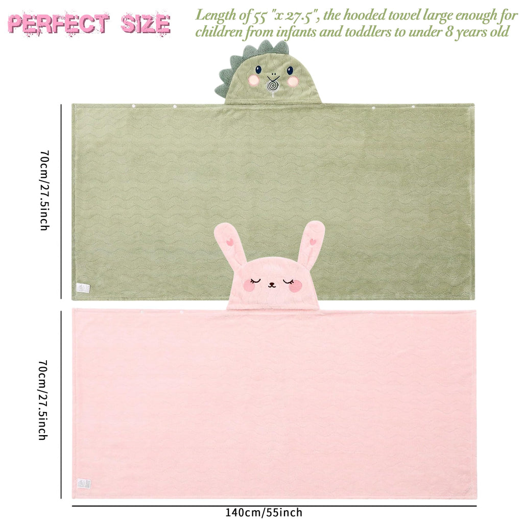 BEFACL Hooded Towel for Kids, 2 Pack Ultra Soft Coral Fleece Kids Bath Towels, Absorbent Toddler Towels with Hood Age 0-10 Years for Infant, Kids - Large 27.5 X 55 inch (Pink Rabbit & Green Dinosaur)