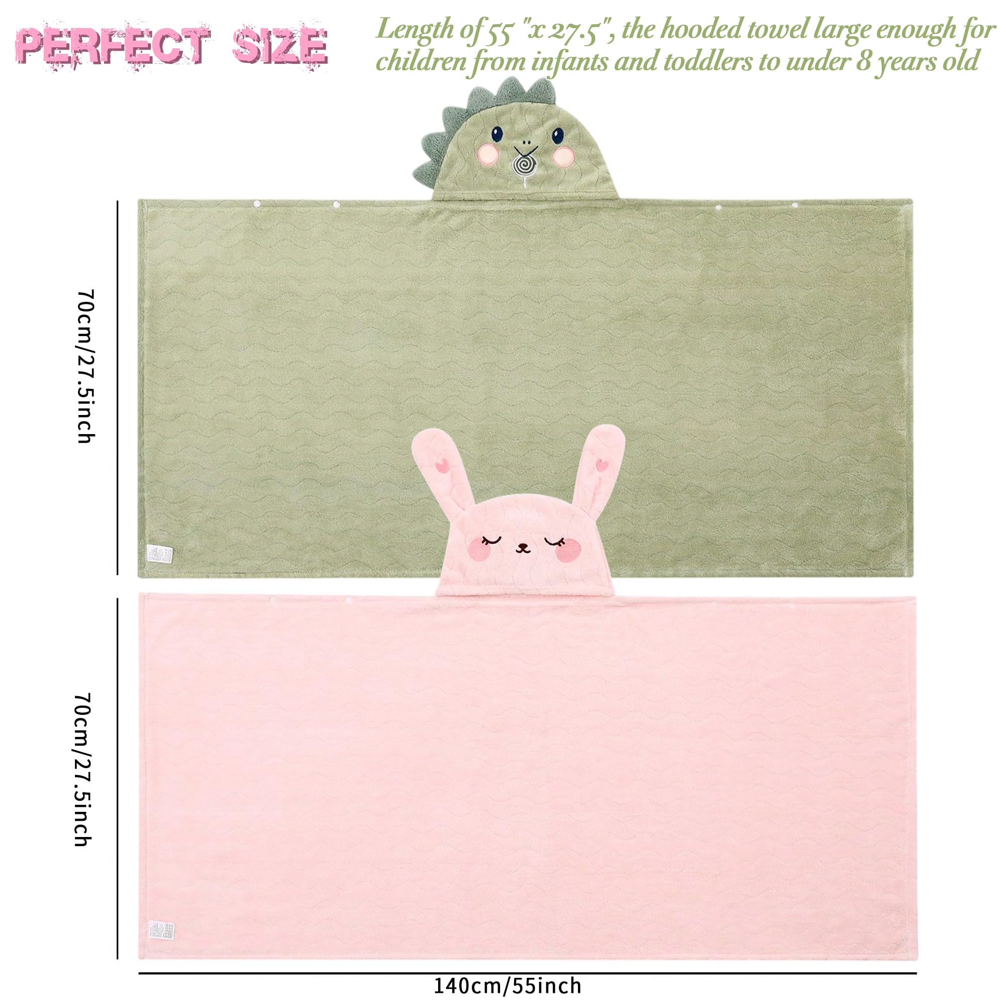 BEFACL Hooded Towel for Kids, 2 Pack Ultra Soft Coral Fleece Kids Bath Towels, Absorbent Toddler Towels with Hood Age 0-10 Years for Infant, Kids - Large 27.5 X 55 inch (Pink Rabbit & Green Dinosaur)