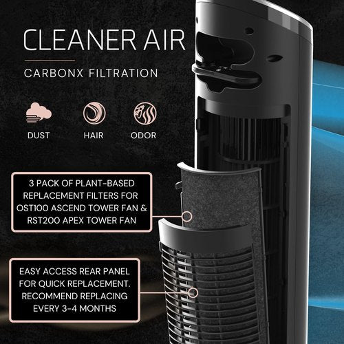 Lasko Filter Replacement 3 Pack for OST100 Ascend Tower Fan and RST200 Apex Tower Fan, Plant-Based Filters, Remove Hair, Dust, VOCs and Odors from Home, Black, 16”, CXF36