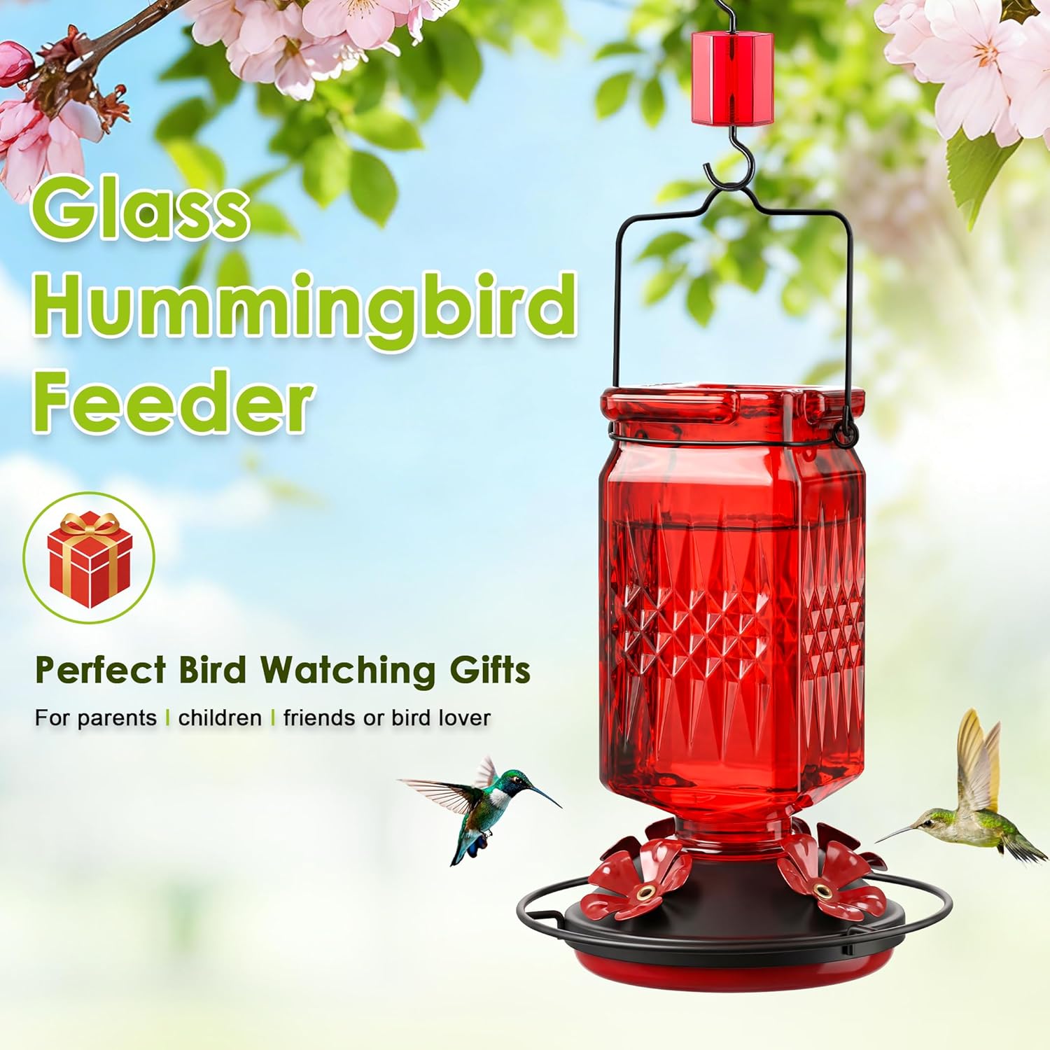 Skiennix 20oz Glass Hummingbird Feeder - Outdoor Hanging Design with Bee Guard & Ant Moat, Red (2 Pack)