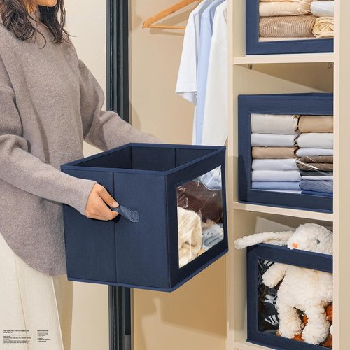 Homsorout Stackable Storage Bins - Large Fabric Closet Organizer Baskets with Lids | 5-Pack, Navy Blue