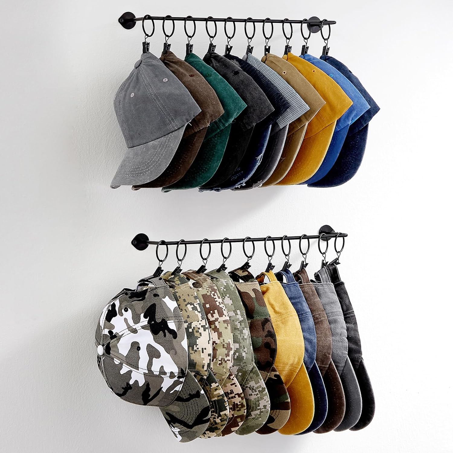 Viklluyr Hat Rack - Modern Metal Baseball Cap Storage with 20 Hooks | Wall-Mounted Organizer Set of 2 for Bedroom and Entryway