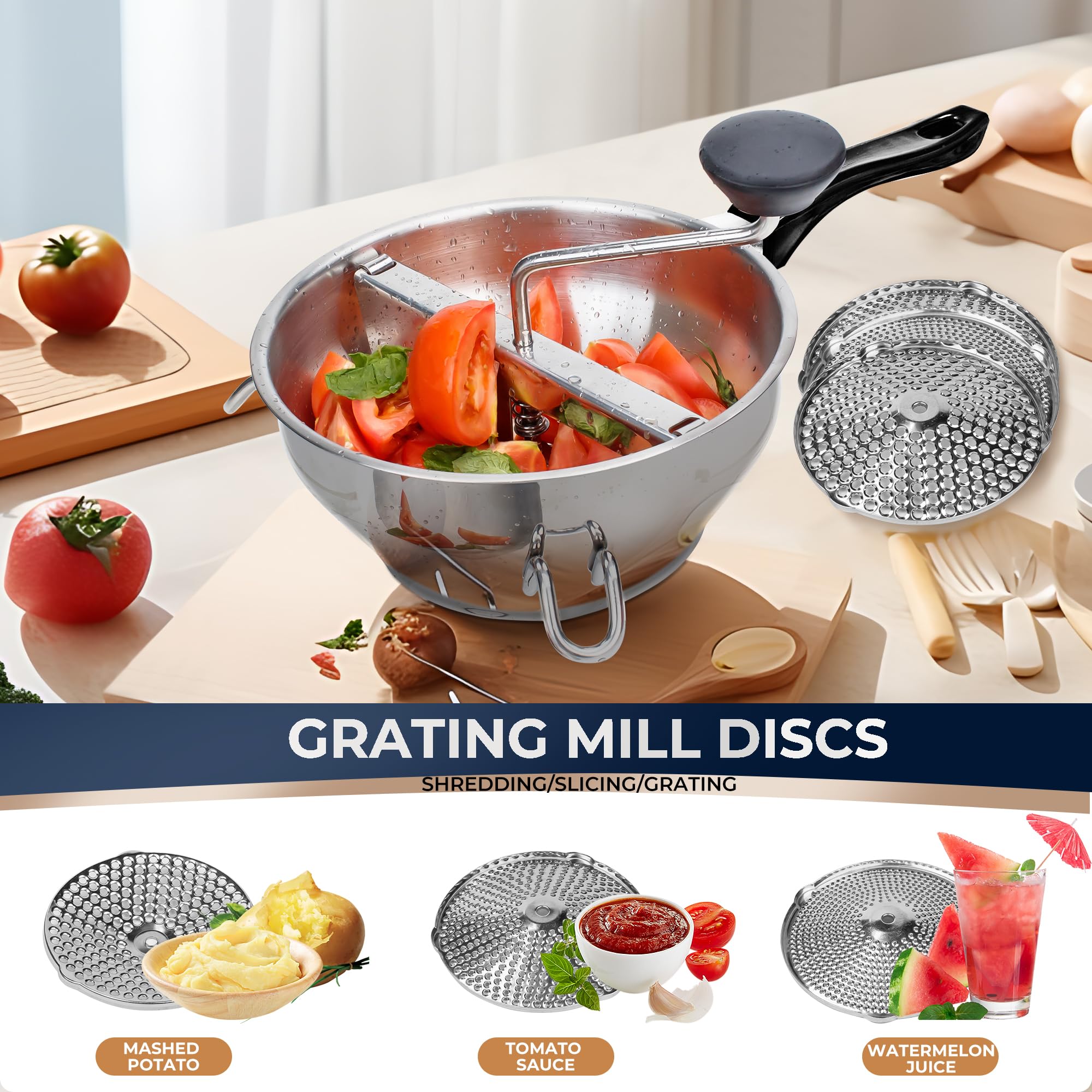 Food Mill Stainless Steel With 3 Grinding Discs and Complete Canning Supplies Starter Kit of 8-Includes Tongs, Jar Lifter, Wrench, Lid Lifter, measurer,Funnel,Labels,Multifunctional Spoon(DM-BL-GR)