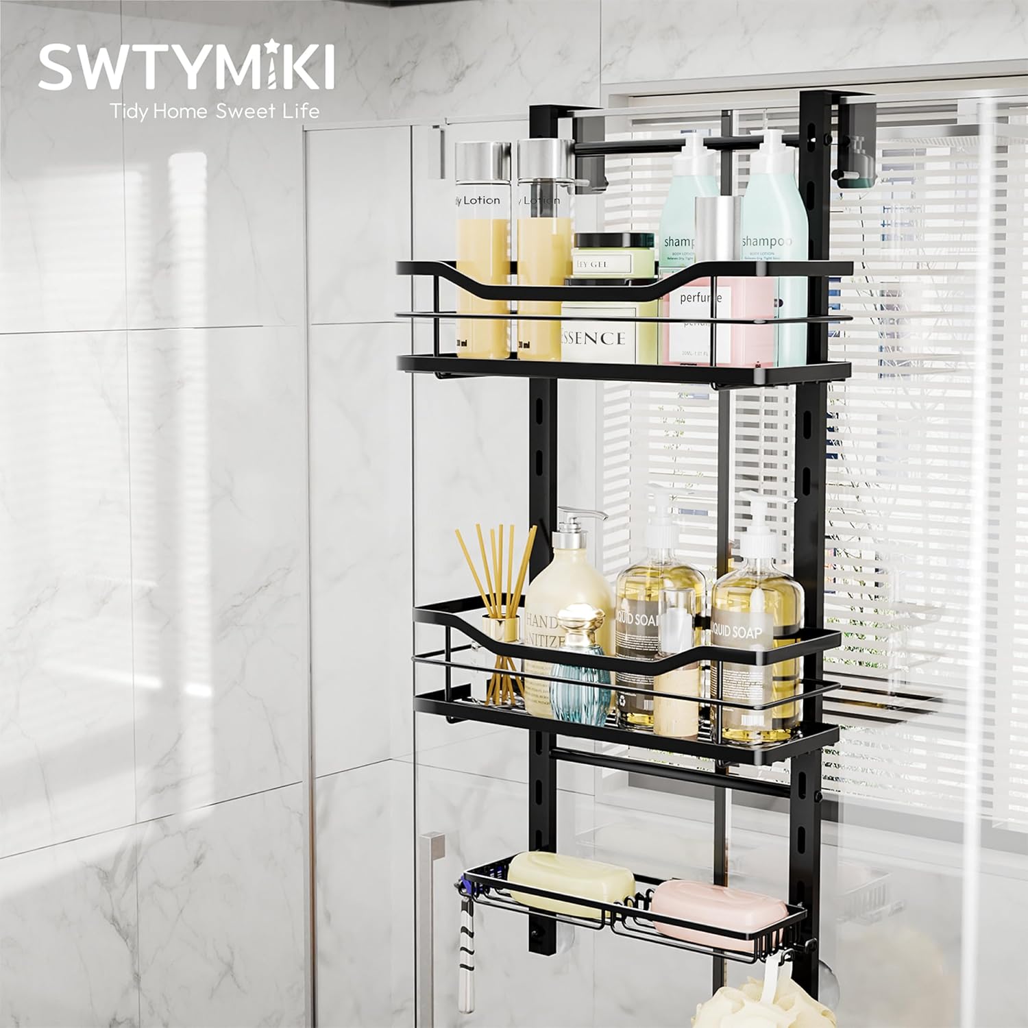 SWTYMIKI Over The Door Shower Caddy - 3-Tier Adjustable Organizer with Soap Holder | No-Drill Stainless Steel, Black