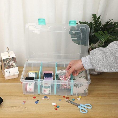 BTSKY Clear Plastic Storage Box - Adjustable 4-Compartment Organizer with Lid | 13.3x8.1x3.4 Inches