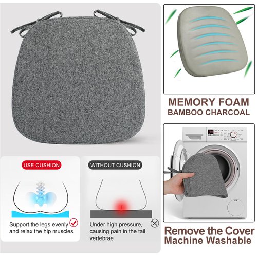 SINOSSO 6 Pack Memory Foam Chair Cushions for Dining Chairs, Friendly Woven Fabric 16" U-Shape Comfortable Kitchen Chair Pads, Removable Slip Resistant Seat Cushions (Set of 6, Dark Grey)