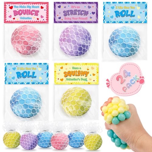 Valentines Day Gifts for Kids, 24 Pack Squeeze Stress Balls with Valentine Greeting Cards, Ideal Kids Exchange Gifts for School, Perfect Valentines Party Favors for Kids Boys Girls