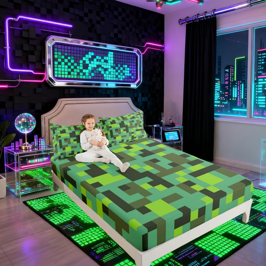 Pixel Grid Miners Kids Twin Size Fitted Sheet,Geometric Grid Patchwork Pixelated Boys Girls Bed Sheets,Cartoon Gamepad Video Games Room Decor,Cyan Green Bedding Set,1 Pillowcase(No Flat)